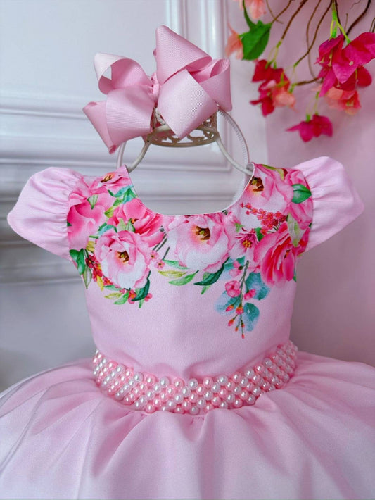 Vestido floral rosa bebé con cinturón de perlas de lujo