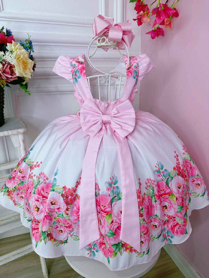 Vestido floral rosa bebé con cinturón de perlas de lujo