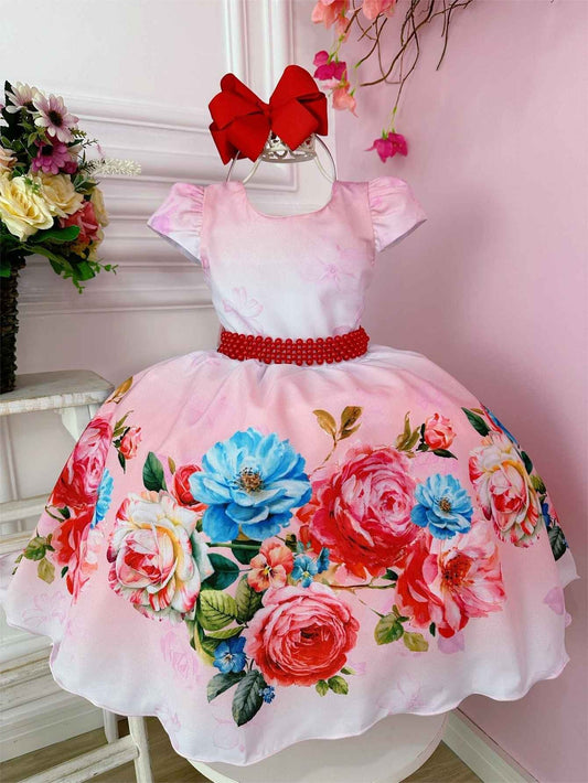 Vestido infantil de lujo con flores rojas y cinturón de perlas