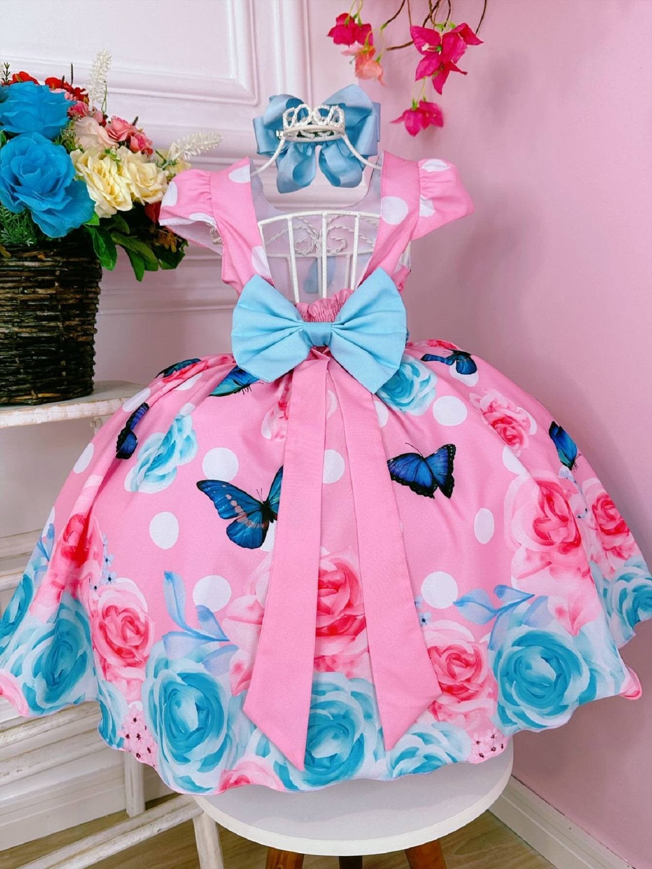 Vestido Infantil Rosa Chiclete Jardim das Borboletas Pérolas