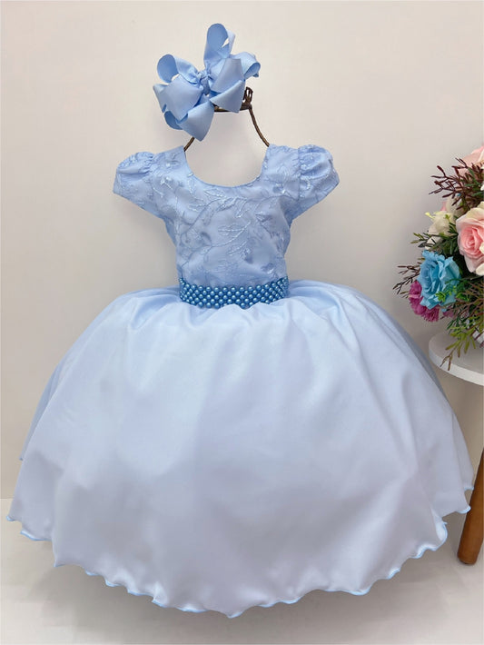 Vestido infantil azul con encaje y cinturón de perlas de lujo