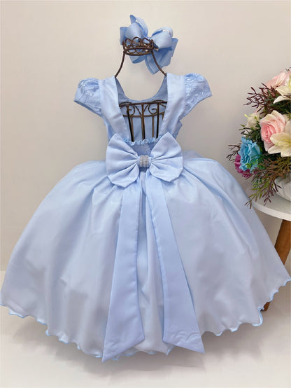 Vestido infantil azul con encaje y cinturón de perlas de lujo