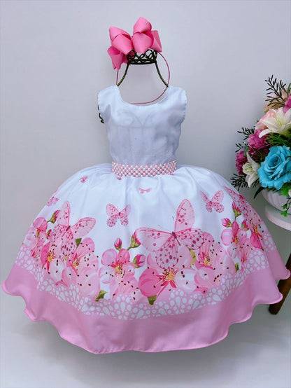Vestido infantil de jardín de mariposas blancas de lujo rosa