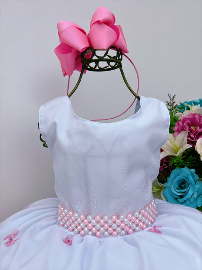 Vestido infantil de jardín de mariposas blancas de lujo rosa