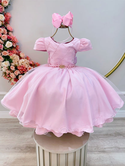 Vestido infantil rosa claro con busto acanalado para fiestas de damas