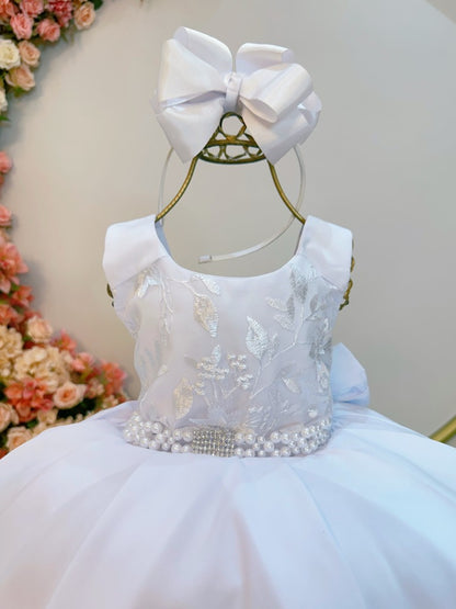 Vestido infantil blanco con busto y encaje para fiestas de damas