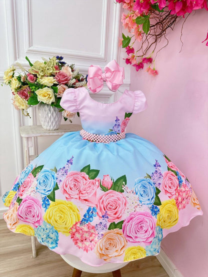 Vestido infantil de primavera con flores rosas y cinturón de perlas para fiestas