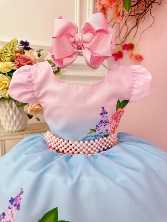 Vestido infantil de primavera con flores rosas y cinturón de perlas para fiestas