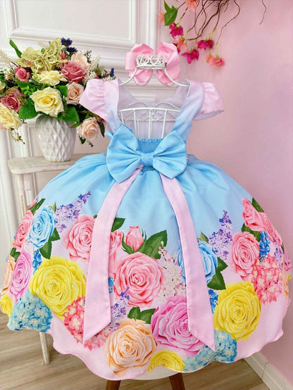 Vestido infantil de primavera con flores rosas y cinturón de perlas para fiestas
