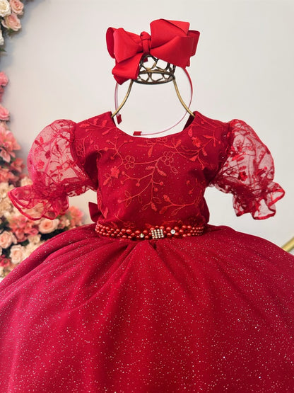 Vestido infantil rojo con encaje de lujo para fiestas de damas de honor