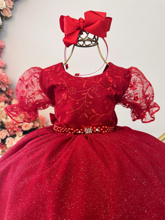 Vestido infantil rojo con encaje de lujo para fiestas de damas de honor
