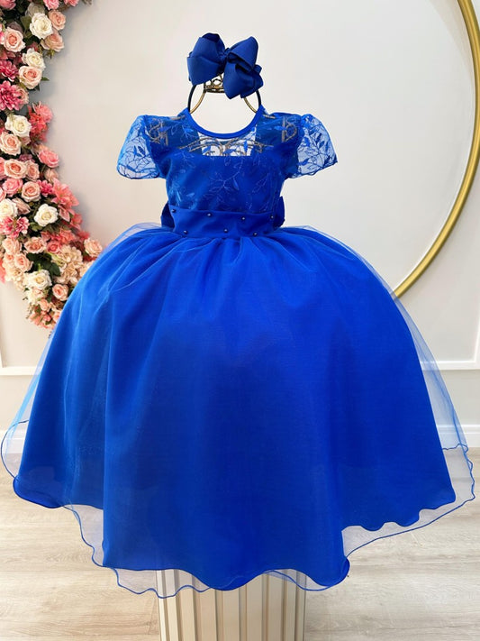 Vestido infantil azul real con busto y encaje, vestido largo de lujo para mujer