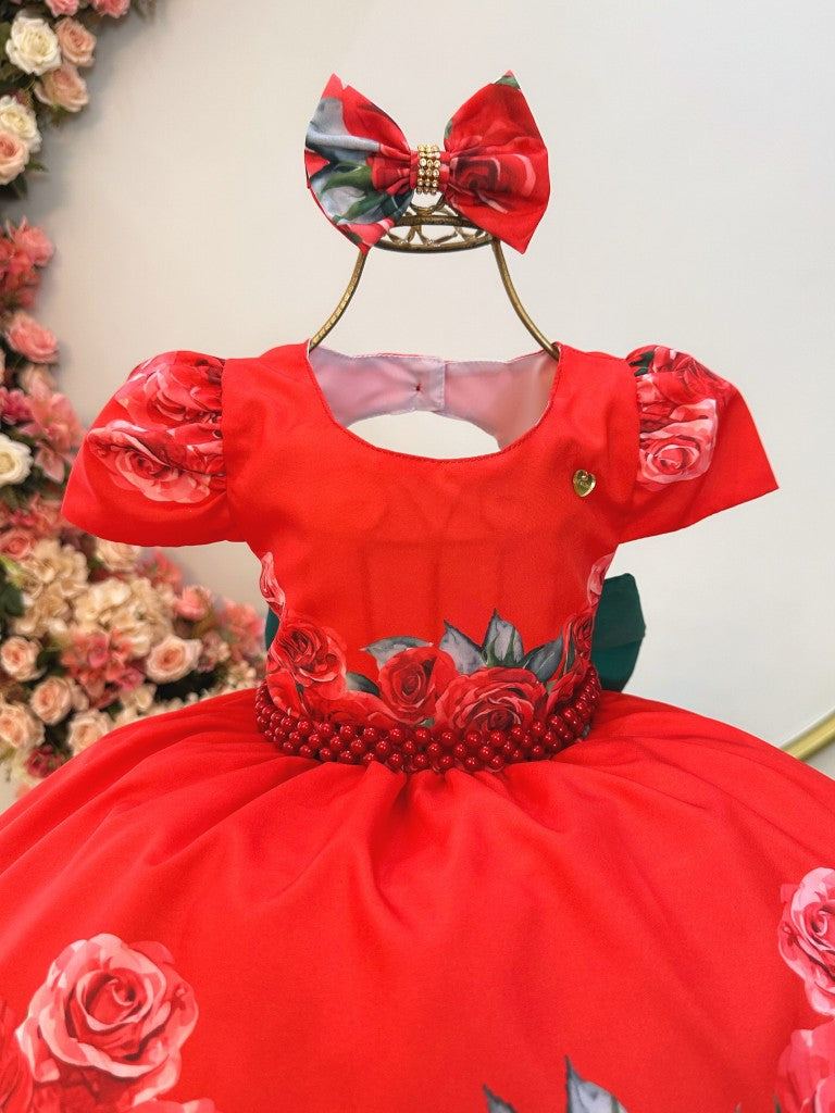 Vestido infantil rojo con rosas y lazo para fiestas de niñas de las flores 