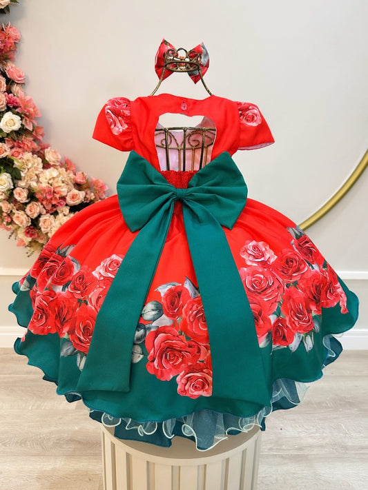 Vestido infantil rojo con rosas y lazo para fiestas de niñas de las flores 
