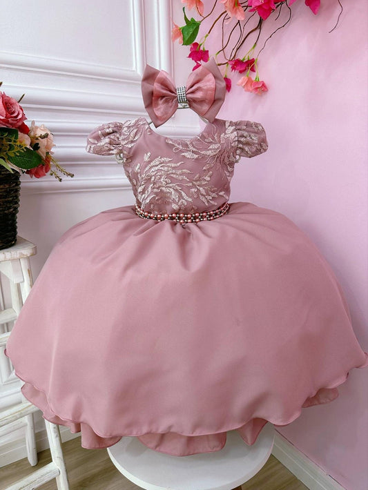 Vestido infantil rosa con lazo de encaje y cinturón de perlas