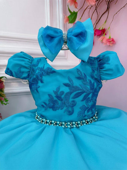 Vestido infantil verde con lazo de encaje y cinturón de perlas