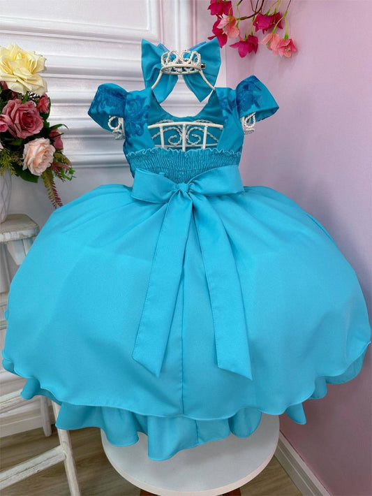 Vestido infantil verde con lazo de encaje y cinturón de perlas