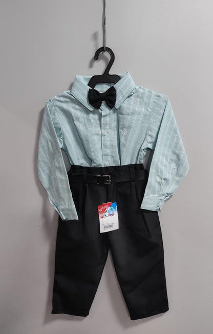 Conjunto infantil: Camisa de rayas verdes y pantalón negro con cinturón