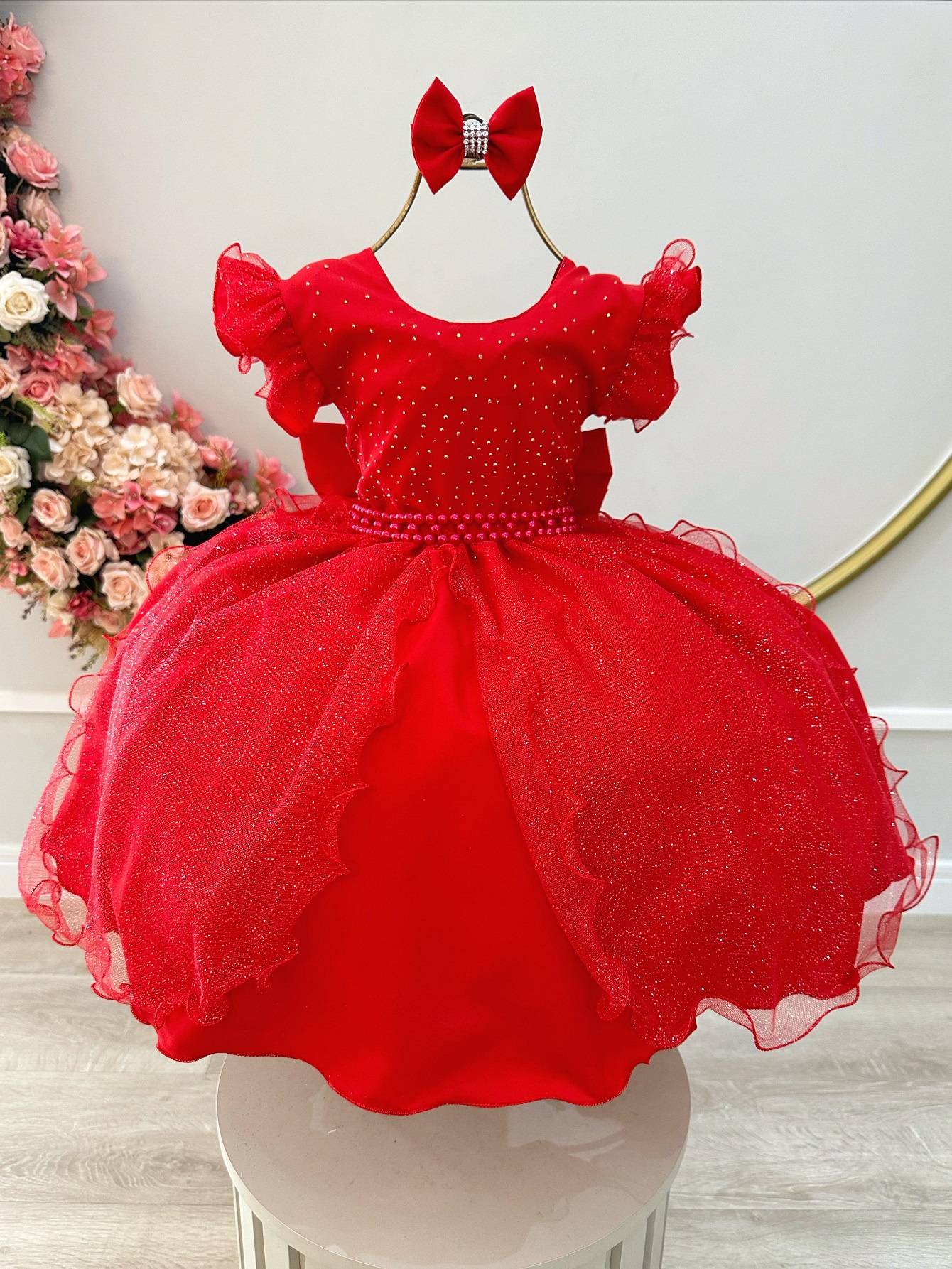 Vestido infantil rojo con falda de tul y purpurina