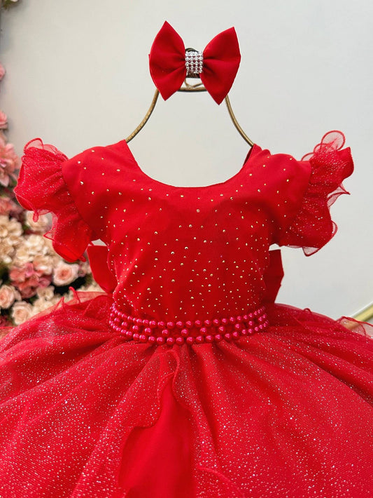 Vestido infantil rojo con falda de tul y purpurina