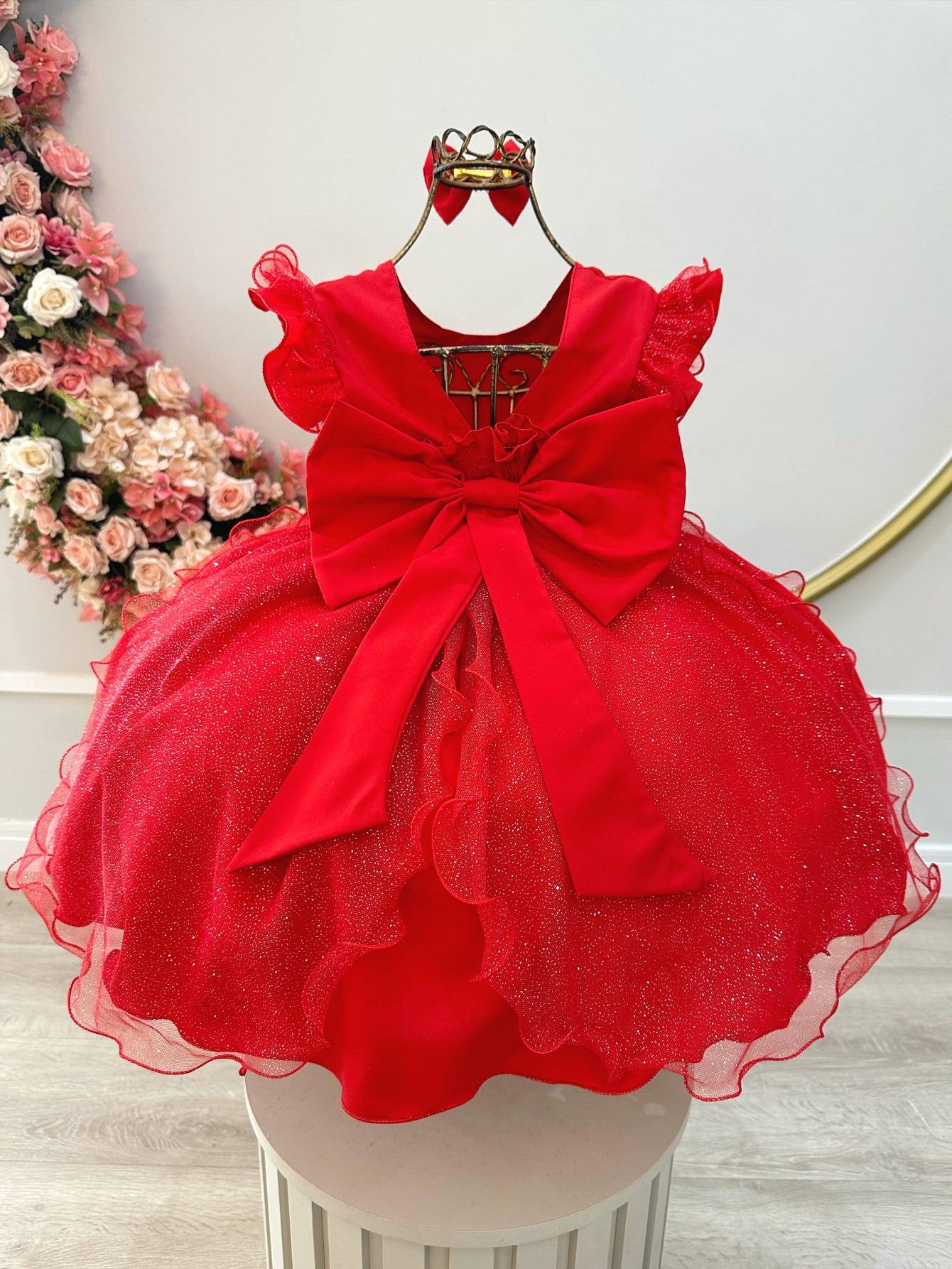 Vestido infantil rojo con falda de tul y purpurina