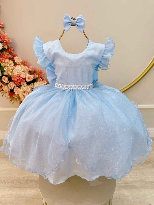 Vestido infantil azul claro con falda de tul y purpurina