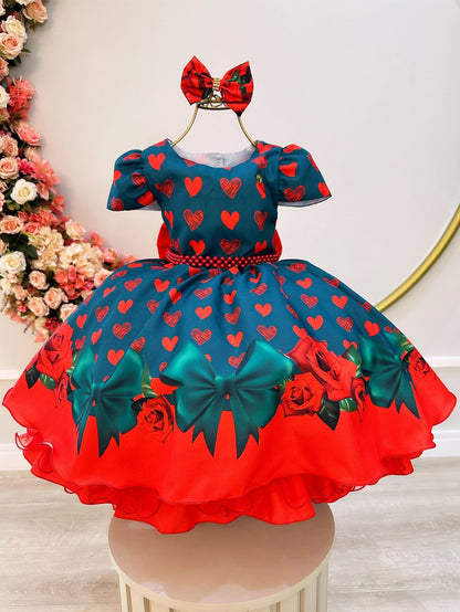 Vestido Infantil Verde con Lazo de Corazones y Rosas para Fiestas