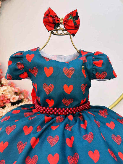 Vestido Infantil Verde con Lazo de Corazones y Rosas para Fiestas