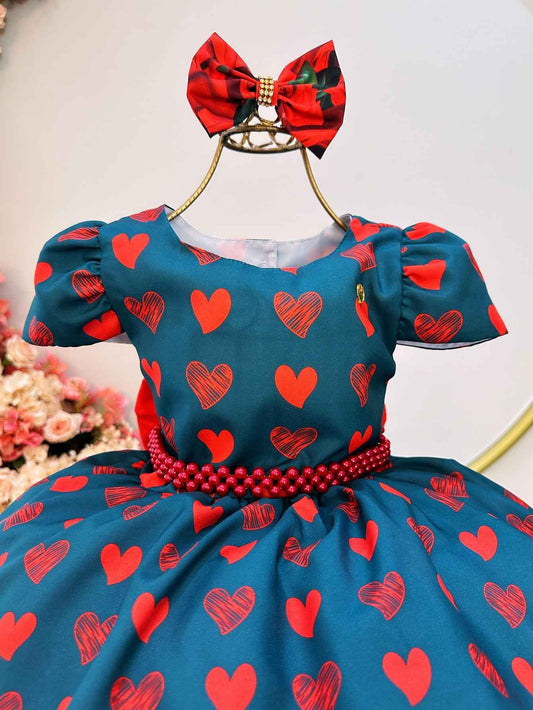 Vestido Infantil Verde con Lazo de Corazones y Rosas para Fiestas