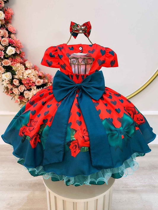 Vestido infantil rojo con lazo de corazones y rosas para fiestas 