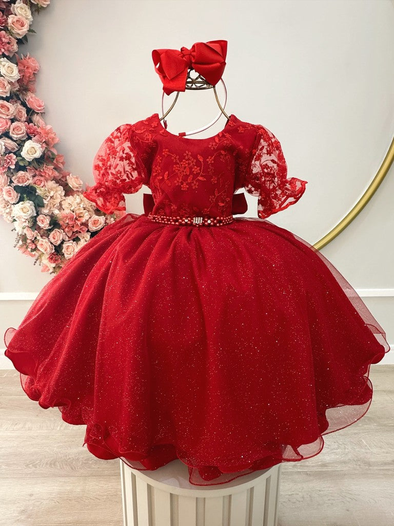 Vestido infantil rojo con encaje de lujo para fiestas de damas de honor