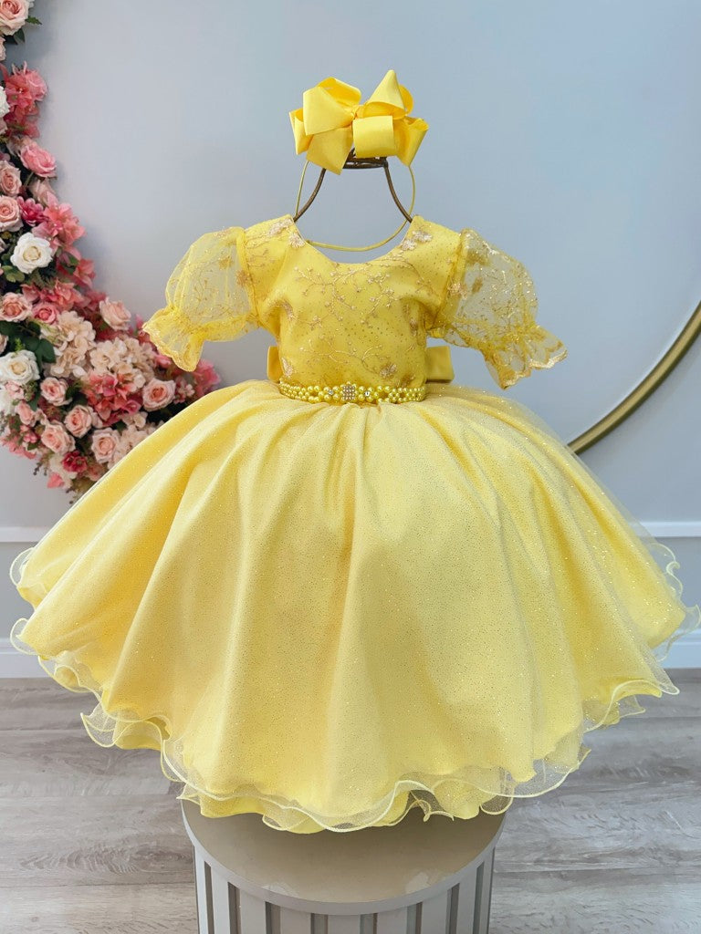 Vestido infantil amarillo con encaje para fiestas de damas de honor de lujo