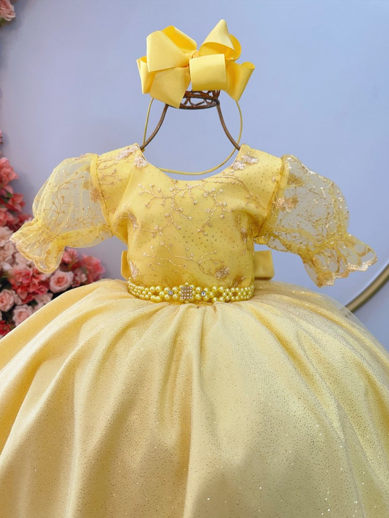 Vestido infantil amarillo con encaje para fiestas de damas de honor de lujo