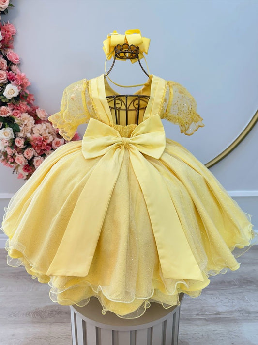 Vestido infantil amarillo con encaje para fiestas de damas de honor de lujo