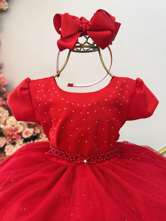 Vestido infantil rojo con pedrería para fiestas de damas de honor