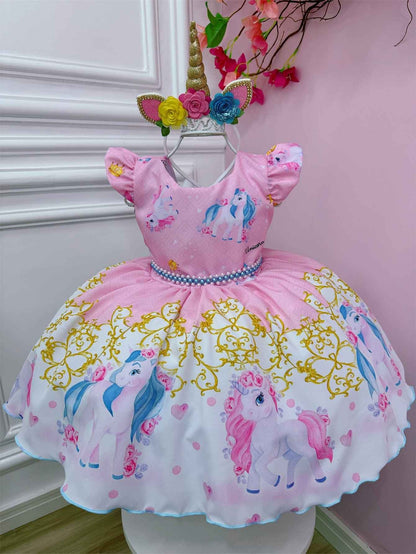 Vestido infantil de unicornio rosa con cinturón de perlas para fiestas