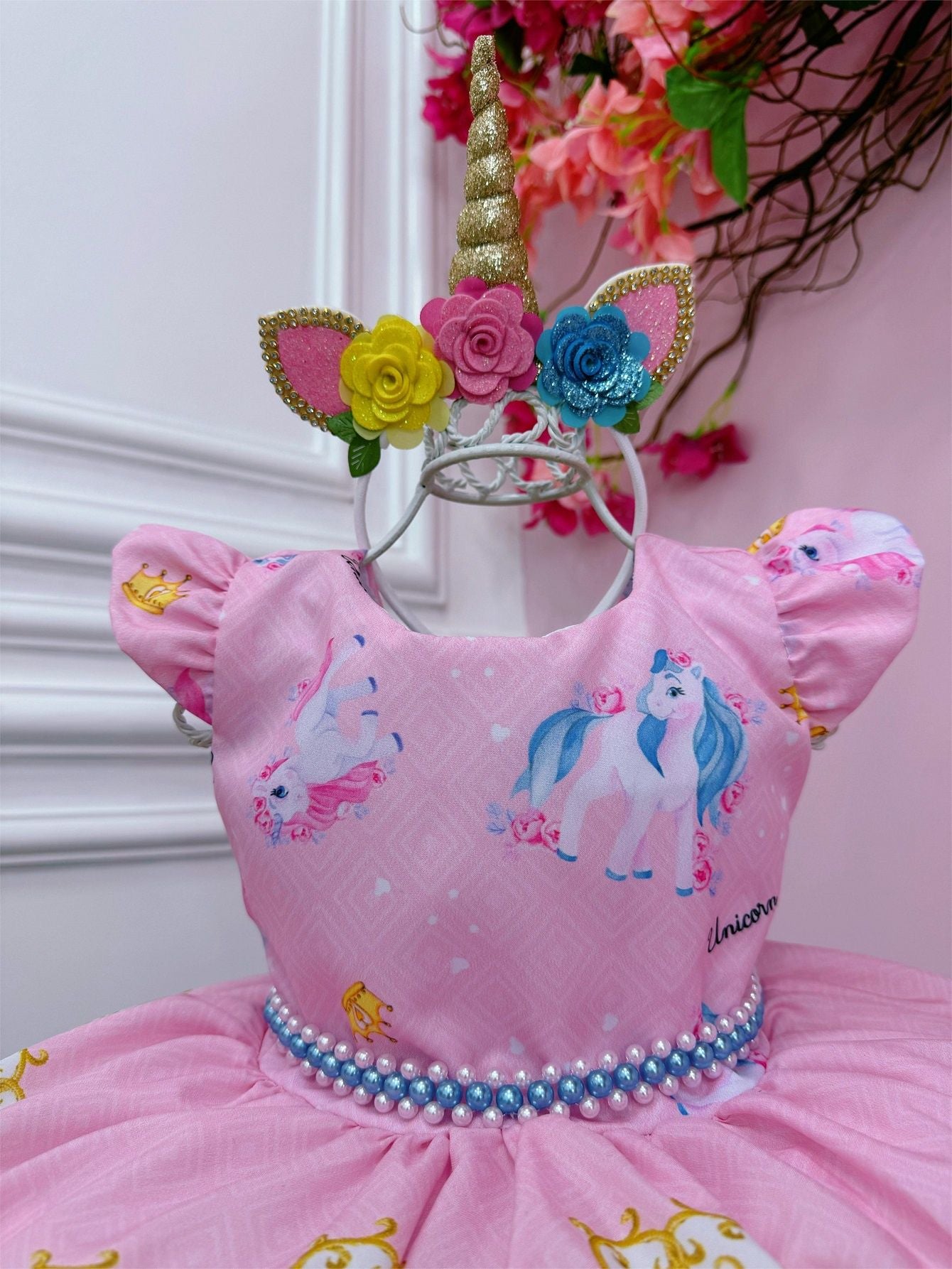 Vestido infantil de unicornio rosa con cinturón de perlas para fiestas