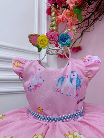 Vestido infantil de unicornio rosa con cinturón de perlas para fiestas