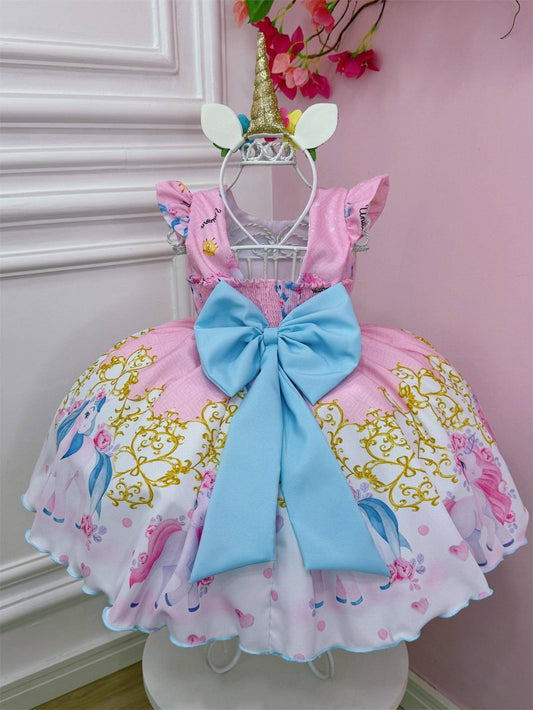 Vestido infantil de unicornio rosa con cinturón de perlas para fiestas