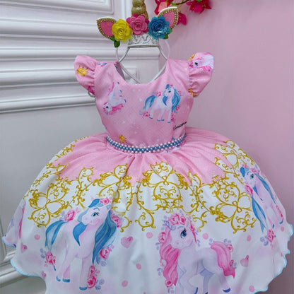 Vestido infantil de unicornio rosa con cinturón de perlas para fiestas