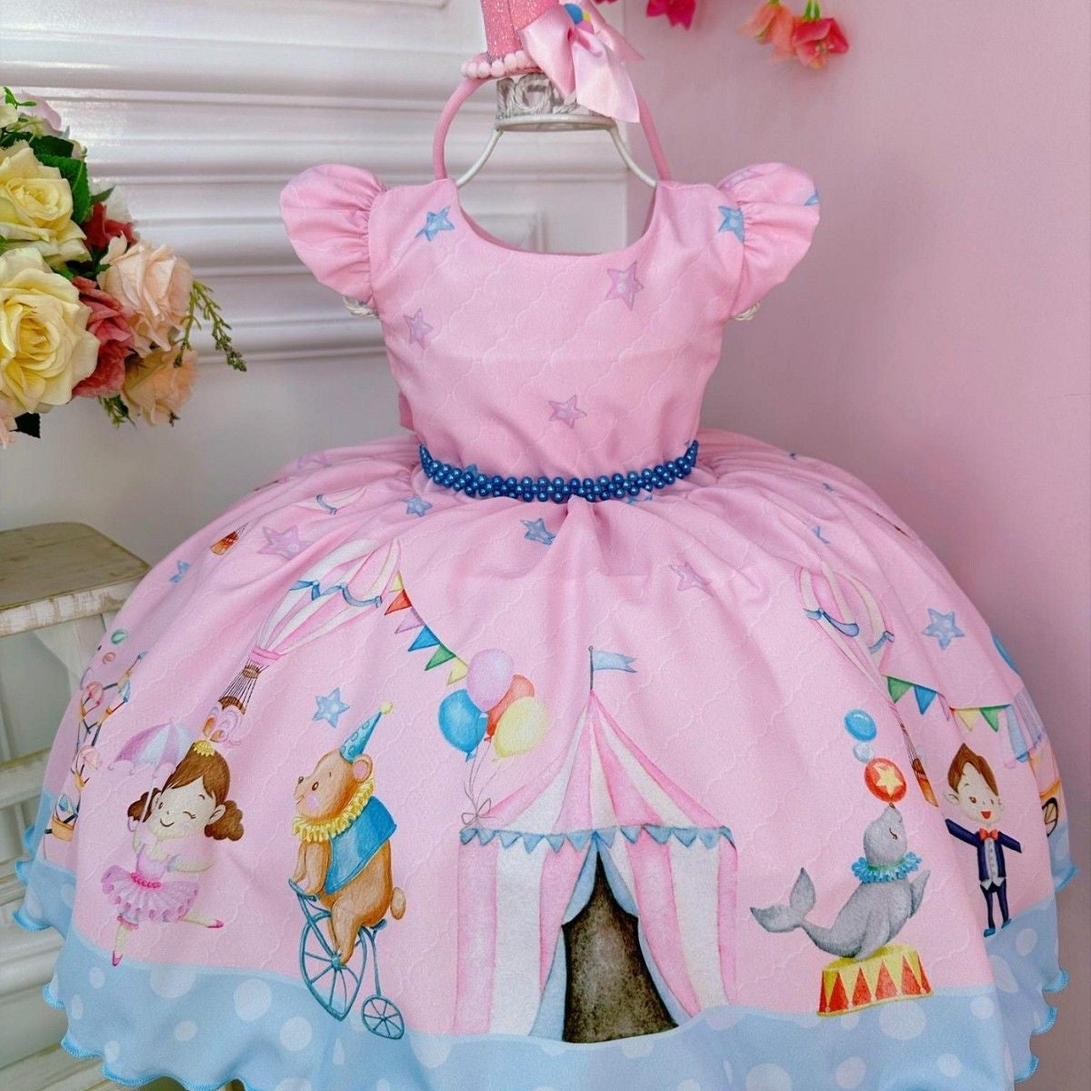 Vestido de circo rosa para niños con estrellas para fiestas