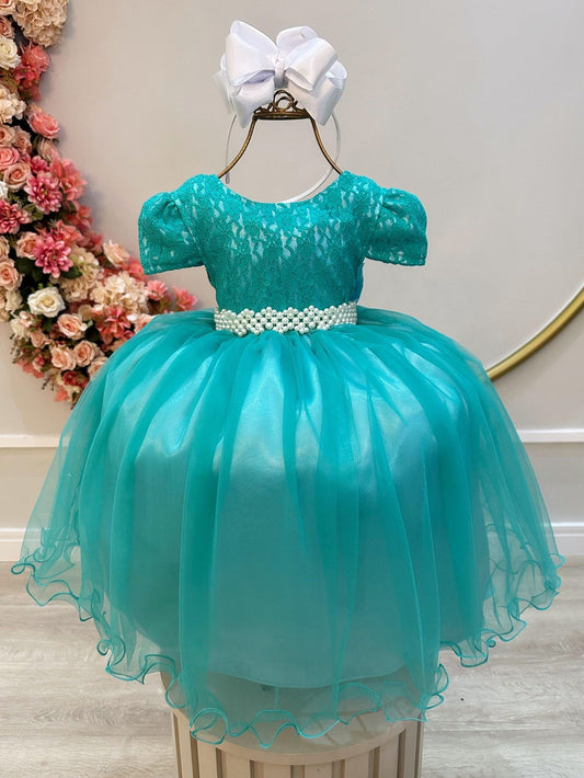 Vestido infantil de tul verde con encaje de lujo para boda
