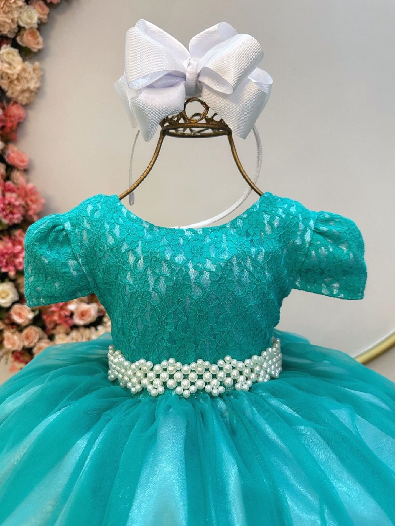 Vestido infantil de tul verde con encaje de lujo para boda