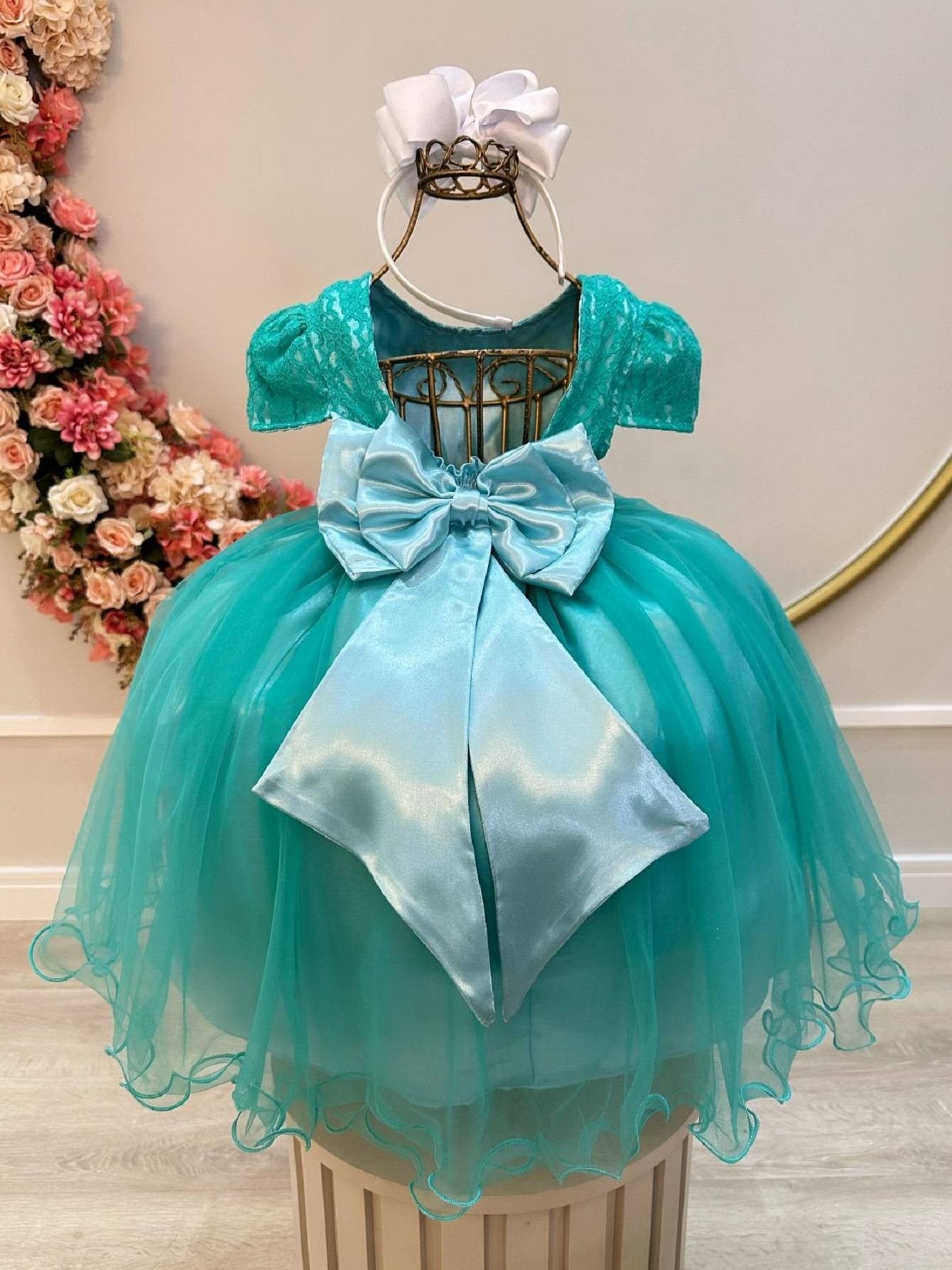 Vestido infantil de tul verde con encaje de lujo para boda