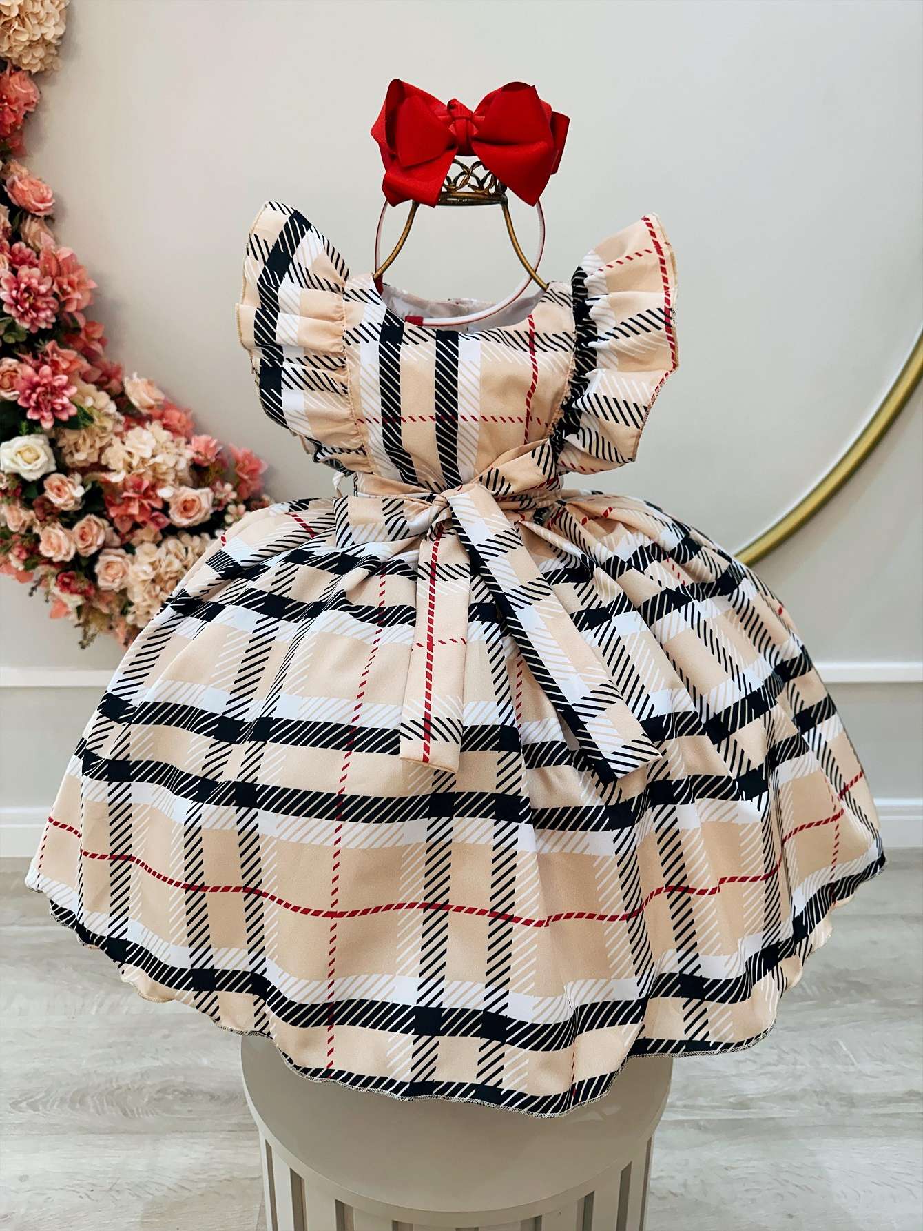 Vestido infantil de fiesta de lujo con cuadros escoceses beige y colorido