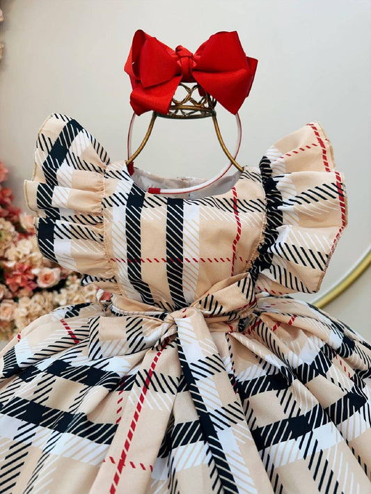 Vestido infantil de fiesta de lujo con cuadros escoceses beige y colorido