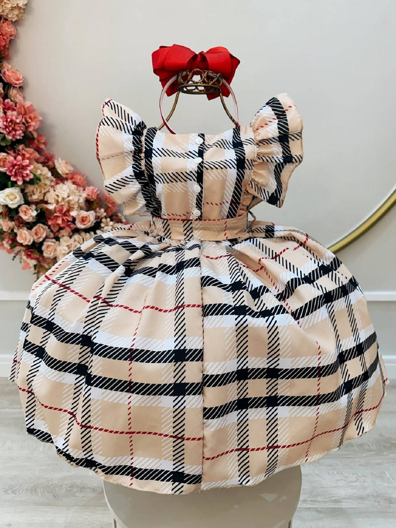 Vestido infantil de fiesta de lujo con cuadros escoceses beige y colorido
