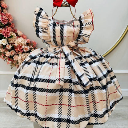 Vestido infantil de fiesta de lujo con cuadros escoceses beige y colorido