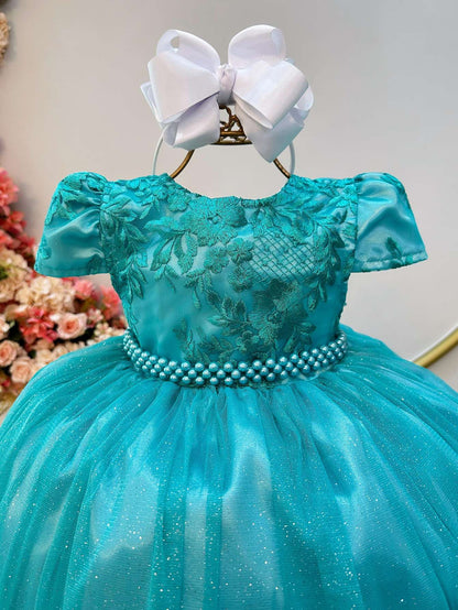 Vestido infantil de tul verde con encaje para boda de lujo 