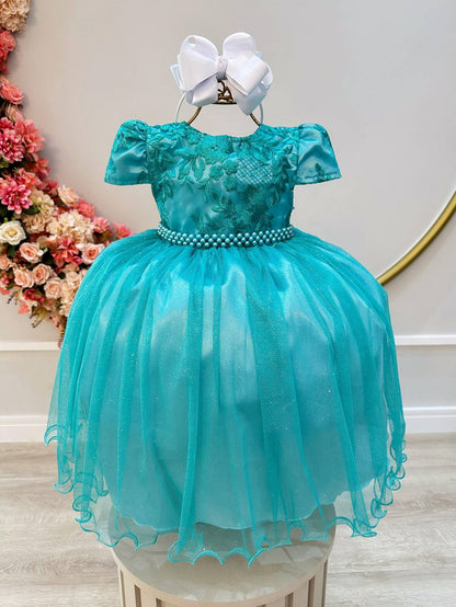 Vestido infantil de tul verde con encaje para boda de lujo 